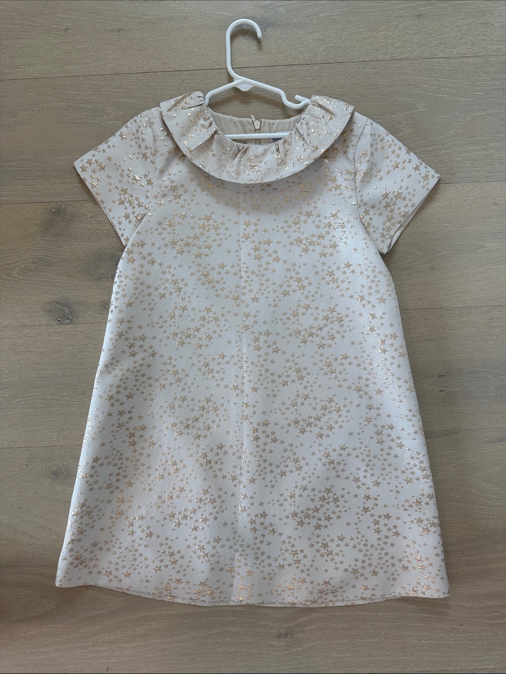 Rachel Riley Cream Dress with Gold Star Print and Ruffle Collar